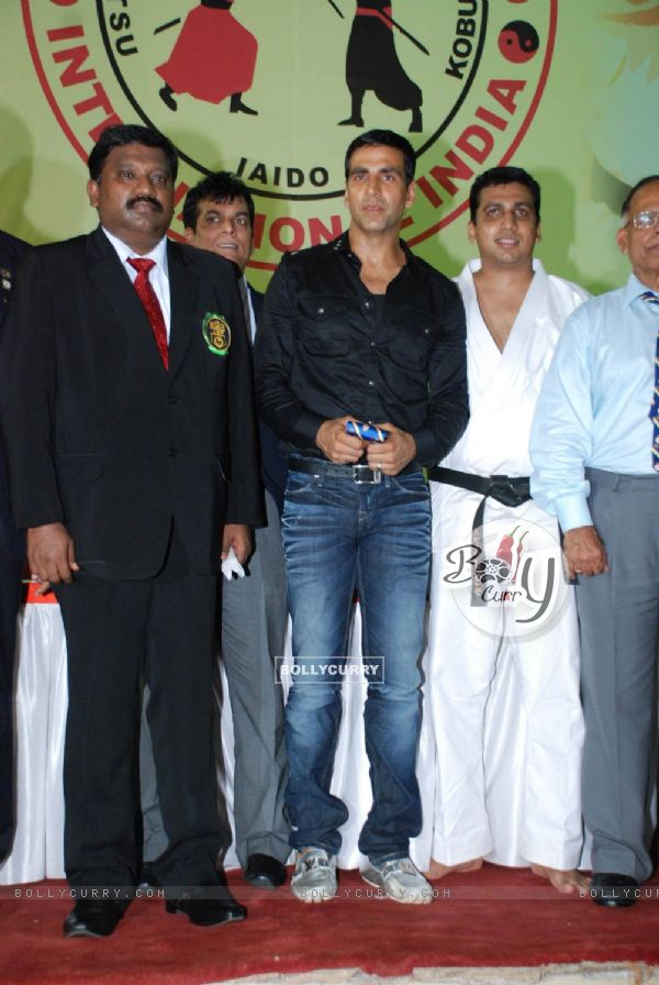 Bollywood Actor Akshay Kumar addresses during 1st Invitational Open National Karate Championship at Andheri Sports Complex, Mumbai on Wednesday, 21 October 2009