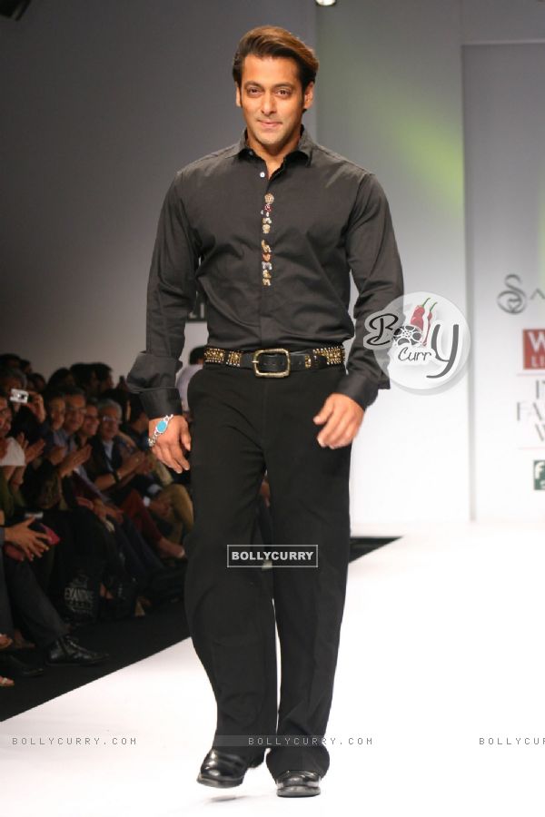 Salman Khan at the designer Sanjana Jon show at the Wills Lifestyle India Fashion Week in New Delhi on Sunday 25 Oct 2009