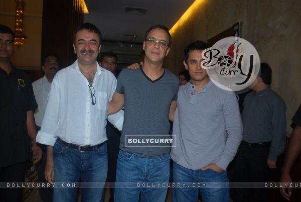 Producer Vidhu Vinod Chopra, Director Rajkumar Hirani and Aamir Khan were present at the first look of their movie "3 Idiots" held at Metro Big Cinemas in Mumbai