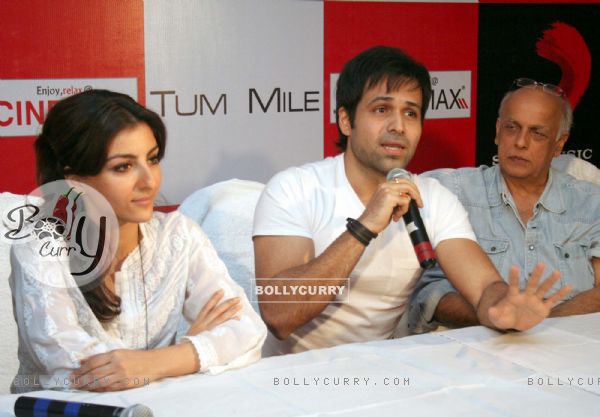 Soha Ali Khan, Imran Hasmi and Mahesh Bhatt in the press meet of their new film ''Tum Mile'' in a city multiplex in Kolkata on Friday