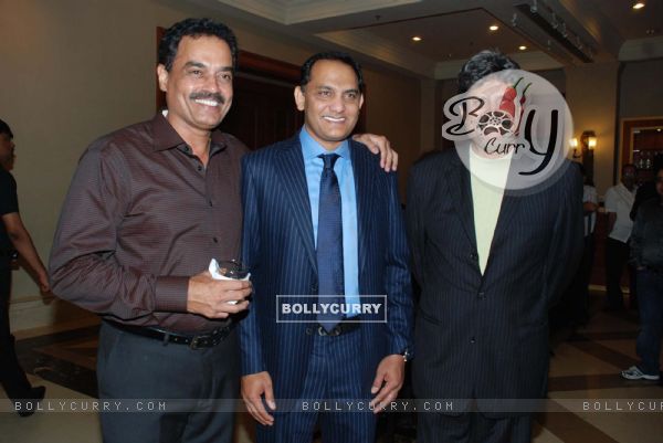 Cricketers Dilip Wengerksar, Mohammad Azharuddin and Kapil Dev at the bash of Videocon''s Aniruddh Dhoot