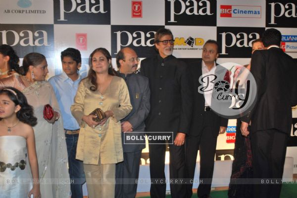 Bollywood actors Jaya Bachchan, Tina Ambani, Samajwadi Party general secretary Amar Singh, Amitabh Bachchan and Anil Ambani at the premiere of film "Paa"