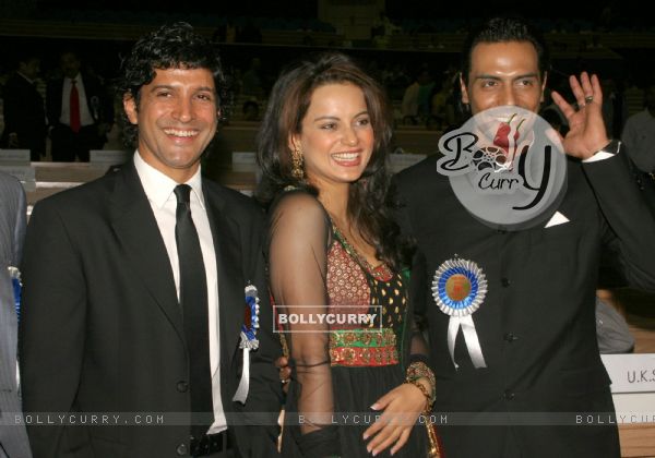 Bollywood actors Farhan Akhtar ,Kangna Ranaut and Arjun Rampal at the ''''56 National Film Awards'''', in New Delhi on Friday