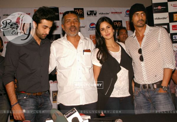 Bollywood actors Ranbir Kapoor, Katrina Kaif, Arjun Rampal and director Prakash Jha at the press conference for their film "RAJNEETI",in New Delhi on Thursday