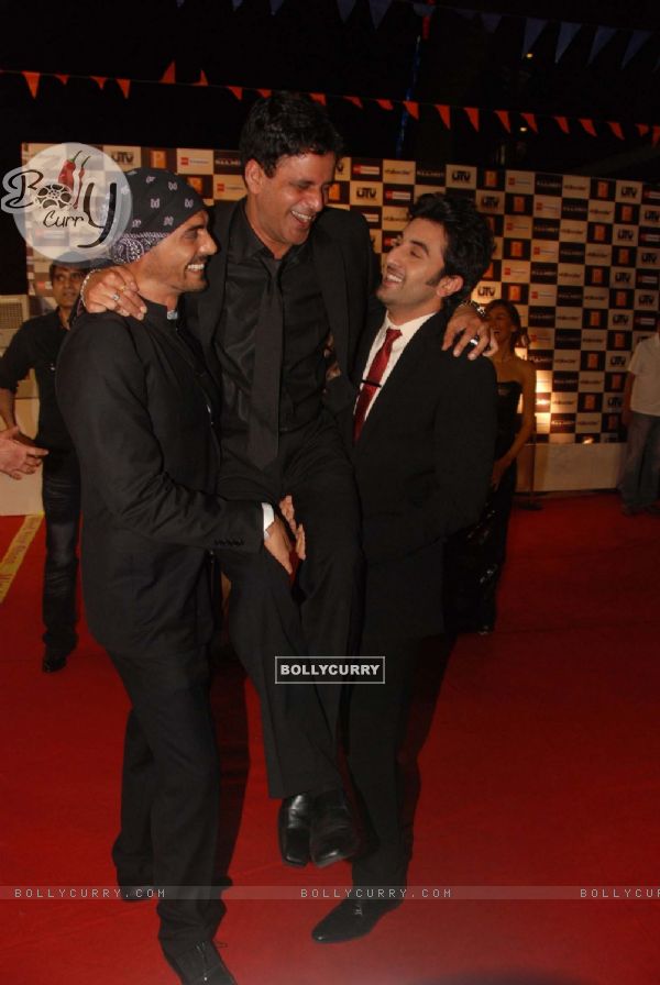 Arjun Rampal, Manoj Bajpai and Ranbir Kapoor at ''Raajneeti'' premiere at IMAX