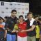 Hrithik, Aamir and Abhishek pose with trophy at football charity event