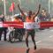 Ethiopian athlete Deriba Merga reaches the finishing line Mergia won the Airtel Delhi Half Marathon for men,in New Delhi on Sunday ( Photo: IANS)